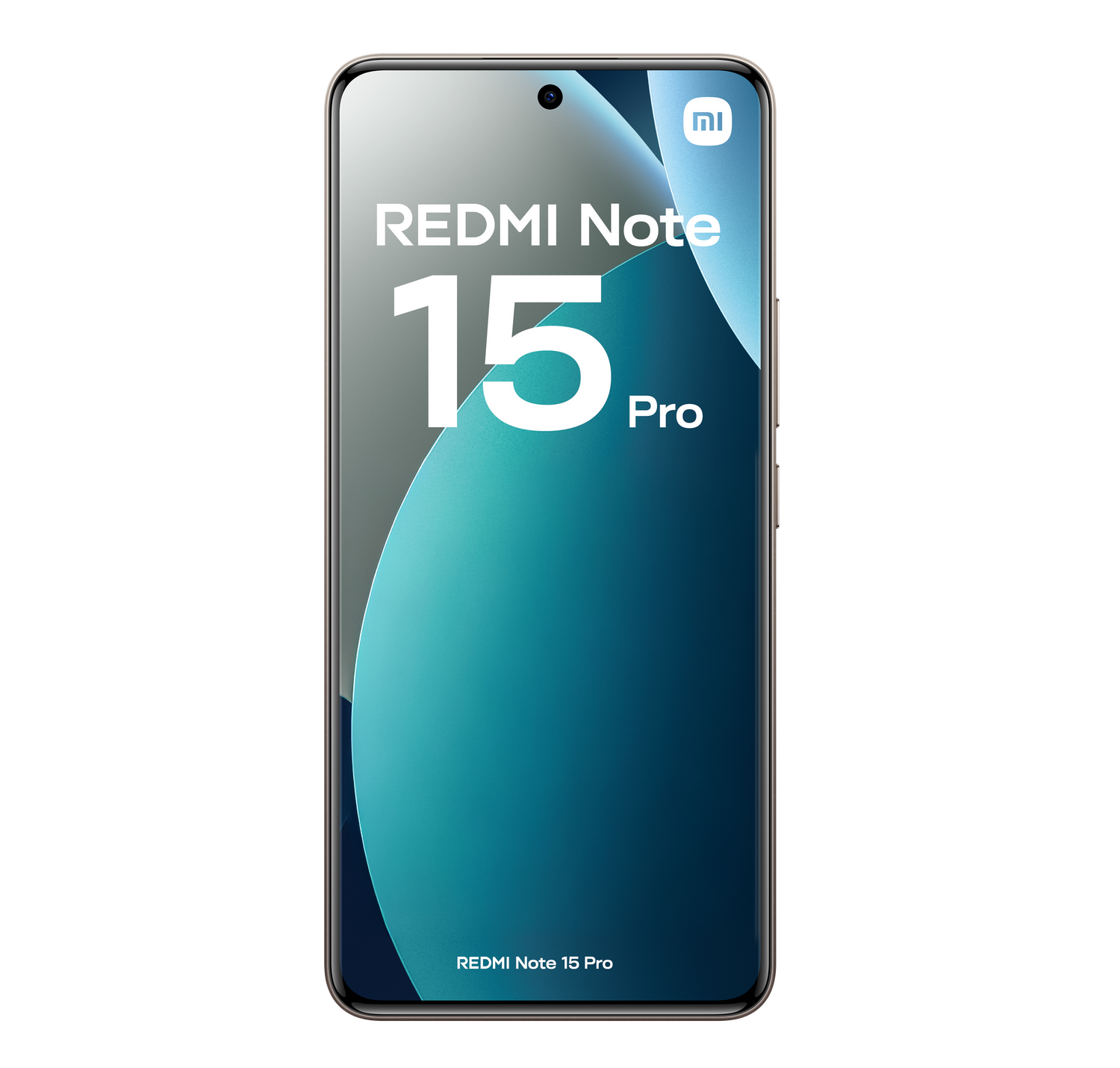 Un teléfono que muestra 'Redmi Note 15 Pro'. Tiene un diseño turquesa y blanco en la pantalla con el logo de Xiaomi arriba a la derecha.