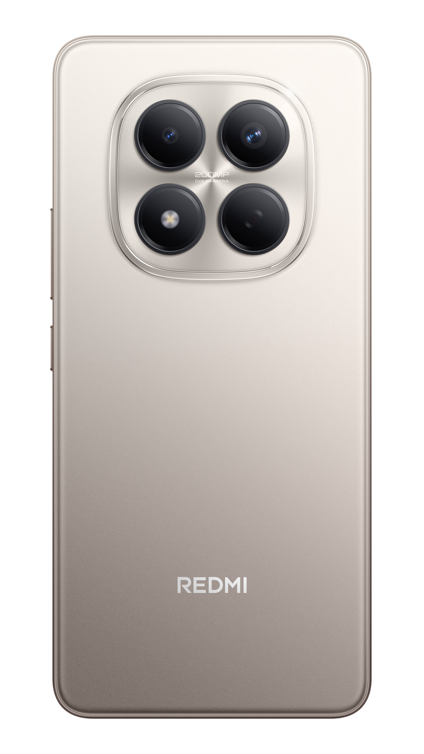 La parte trasera de un smartphone beige con cuatro lentes de cámara y la marca REDMI. El fondo es gris.