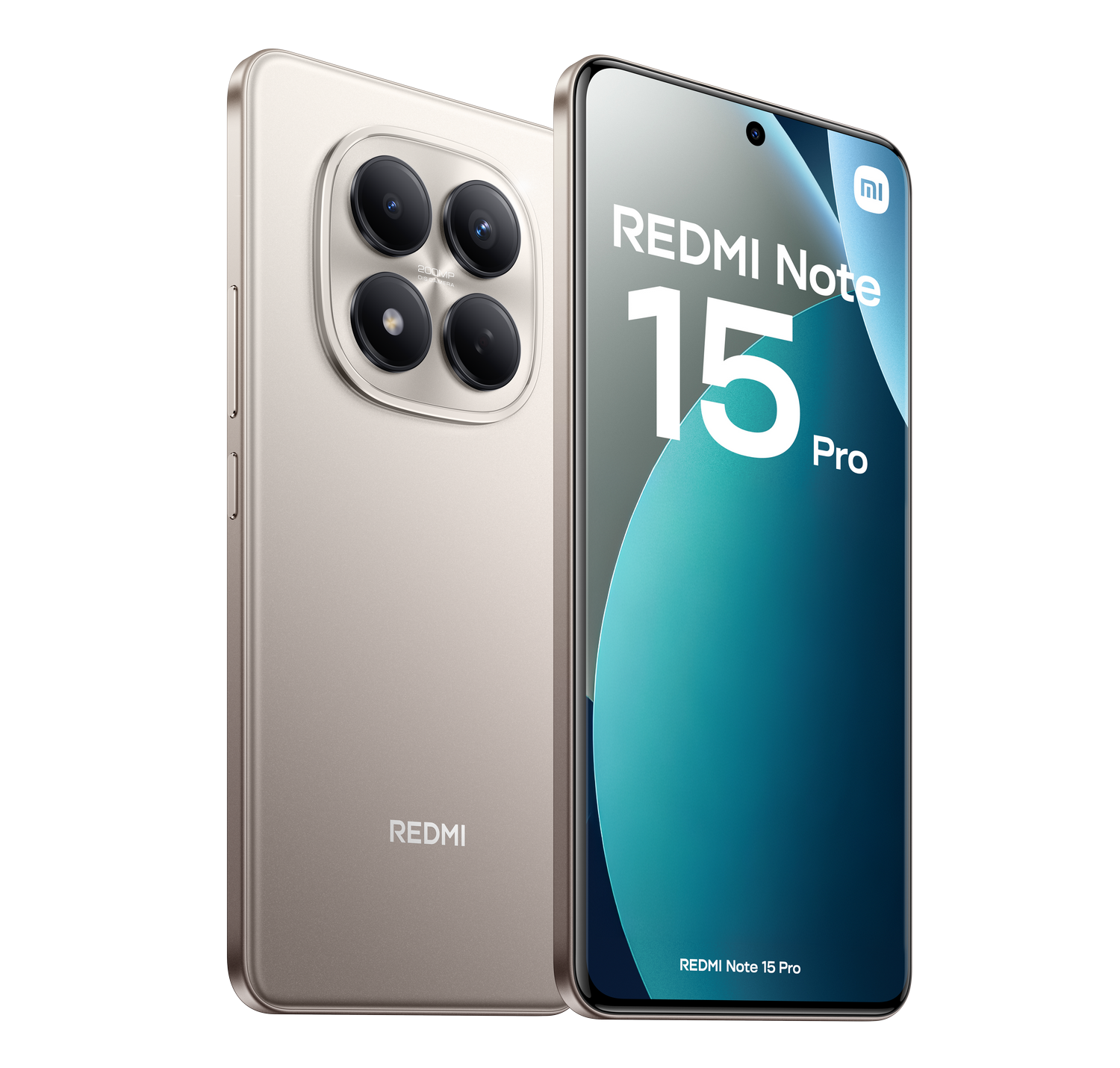 Dos teléfonos Redmi Note 15 Pro. Uno muestra la pantalla con texto y logotipo, el otro la parte trasera con cámaras y el logotipo Redmi.