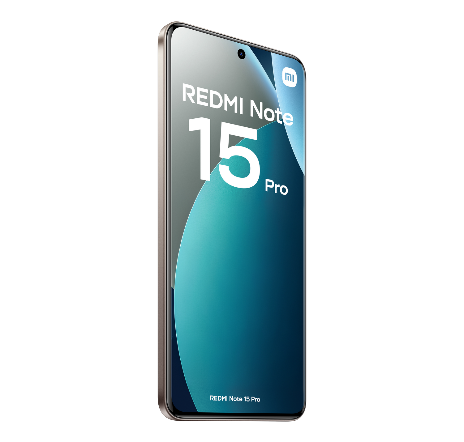 Maqueta de teléfono Redmi Note 15 Pro sobre fondo gris. El teléfono tiene una pantalla grande con el nombre de la marca y el modelo.