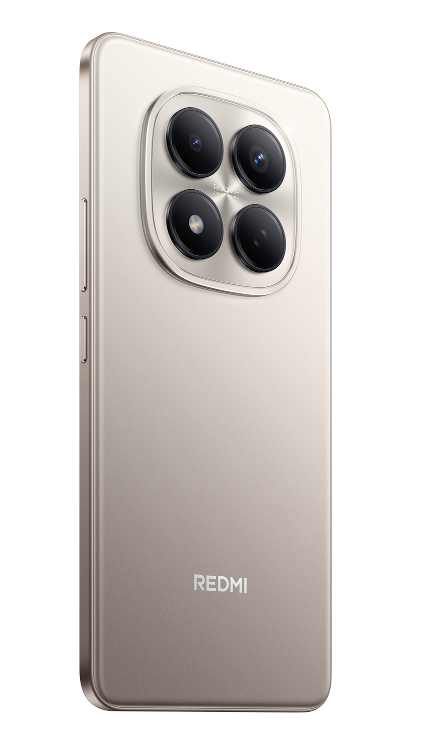 Parte trasera de un smartphone beige con cuatro lentes de cámara. El logotipo de Redmi está en la parte inferior, sobre fondo gris.