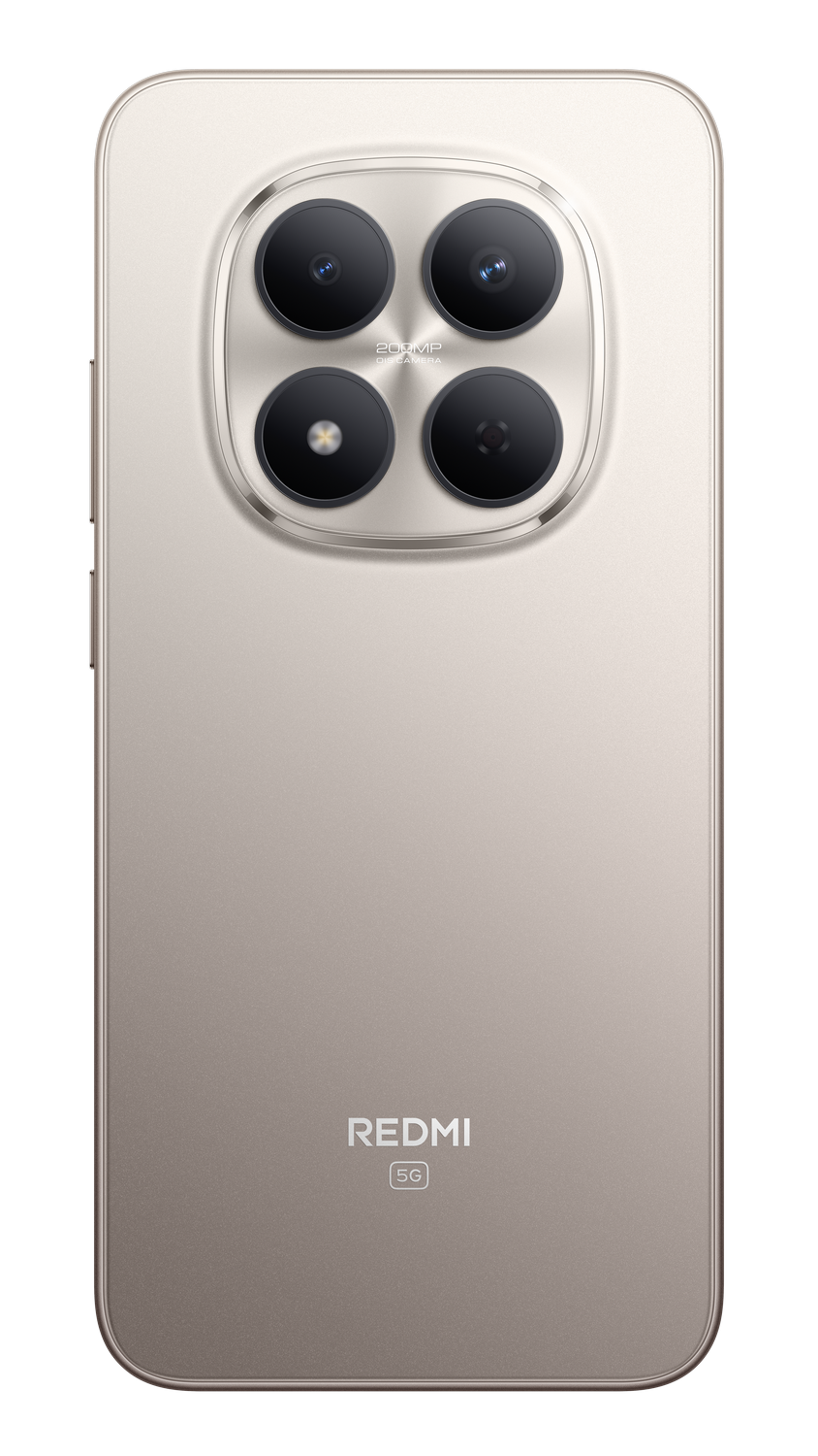 Parte trasera de un smartphone beige con cuatro cámaras. El logotipo de Redmi y el texto 5G están en la parte inferior. El fondo es gris.