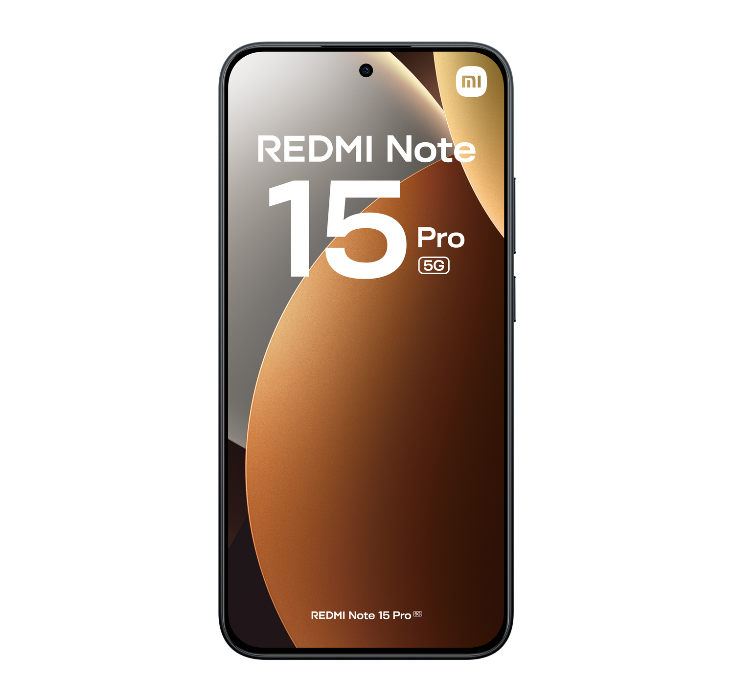 Un smartphone con una pantalla que muestra 'REDMI Note 15 Pro 5G'. El teléfono es negro, con un degradado dorado y marrón en la pantalla.
