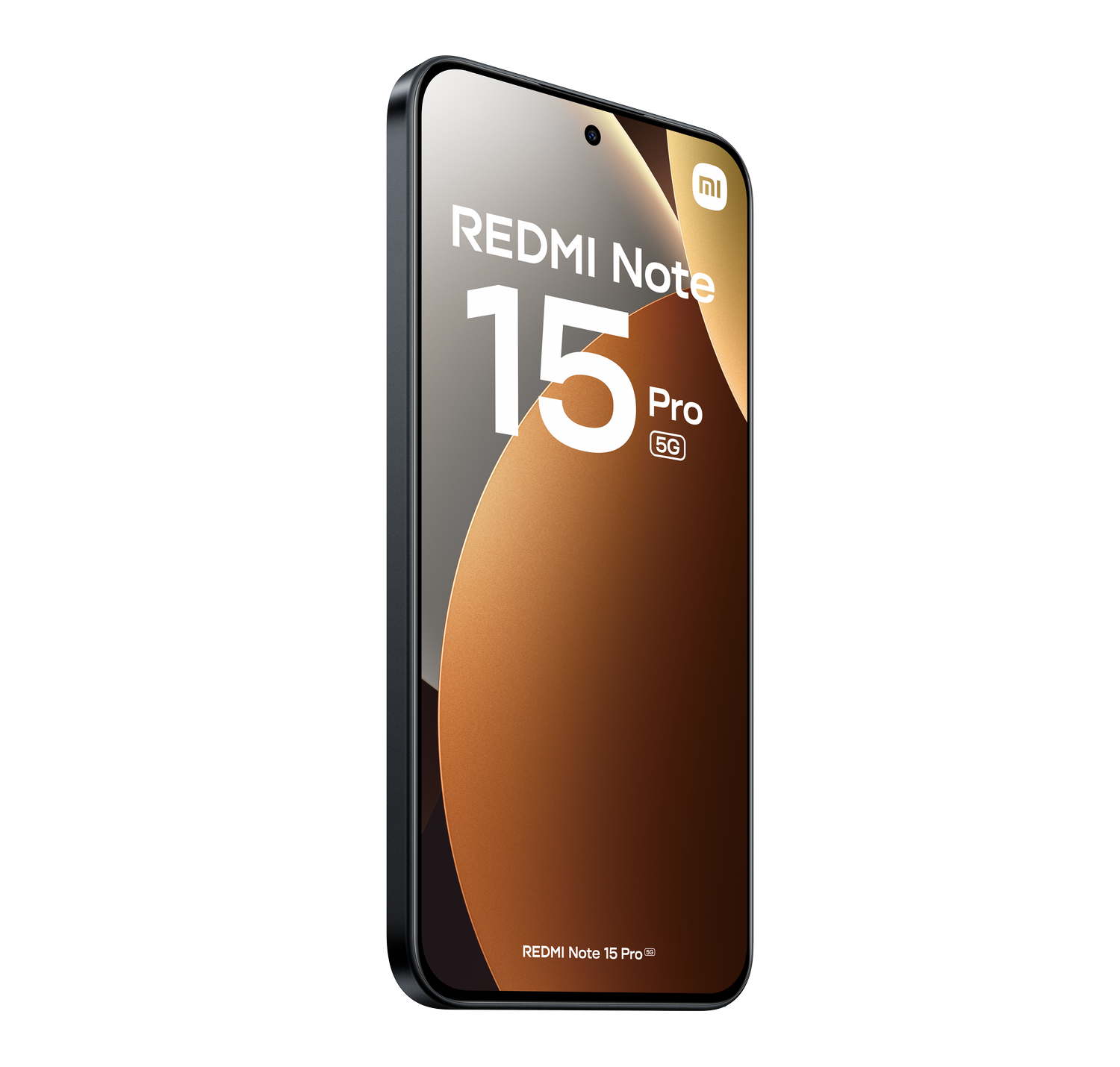 Una representación de un smartphone. Es negro con una pantalla que muestra 'Redmi Note 15 Pro'. El fondo es marrón y un degradado gris.