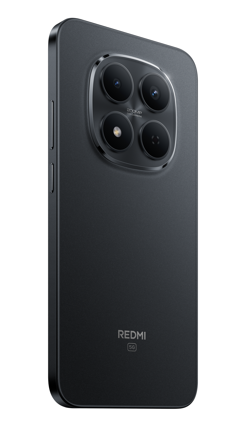 Parte trasera de smartphone negro con cuatro cámaras. La marca es REDMI, con 5G. Fondo gris. El lado tiene botones.