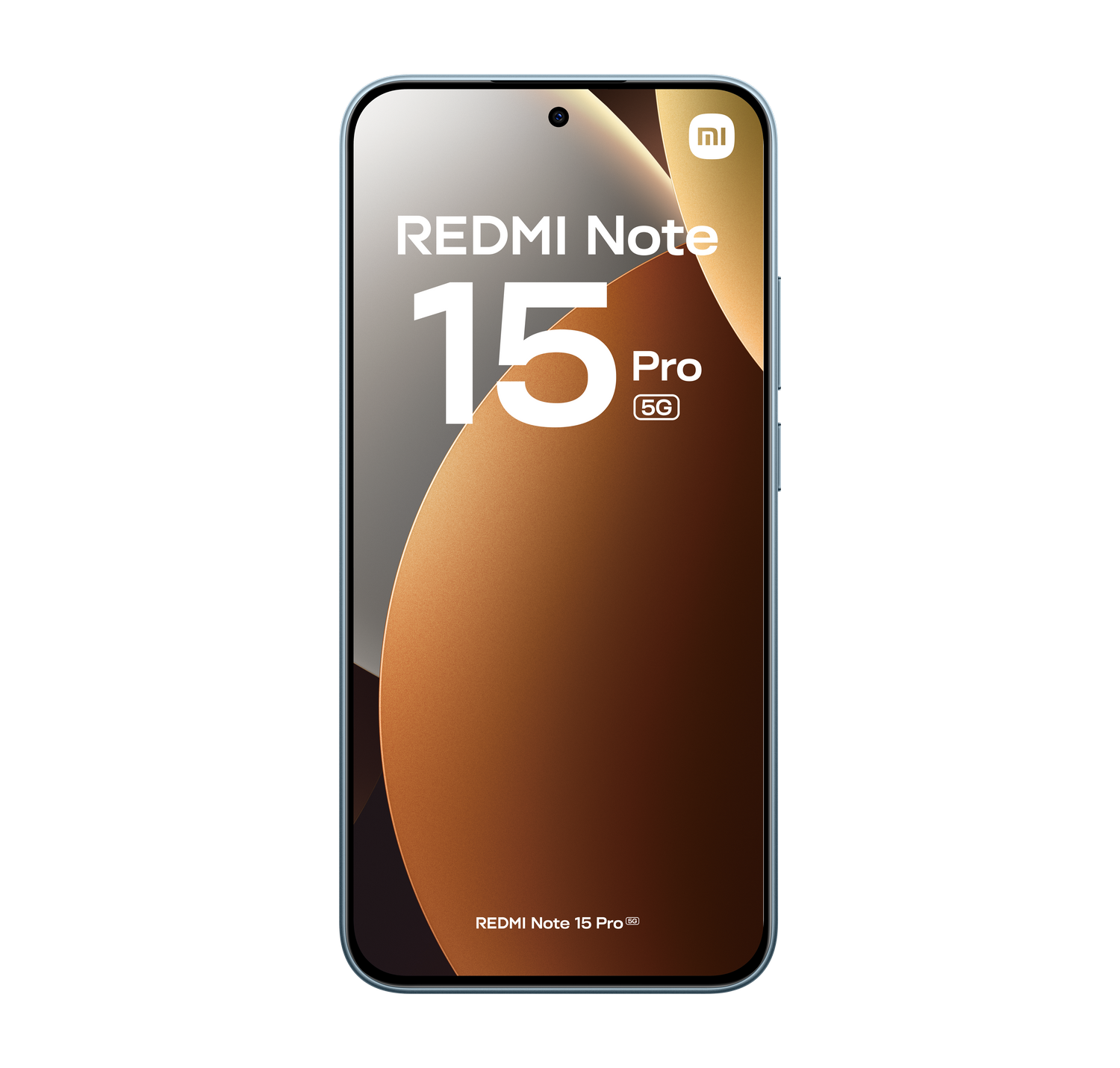Una maqueta de teléfono con las palabras REDMI Note 15 Pro 5G. El teléfono es azul claro con una pantalla con diseño marrón y blanco.