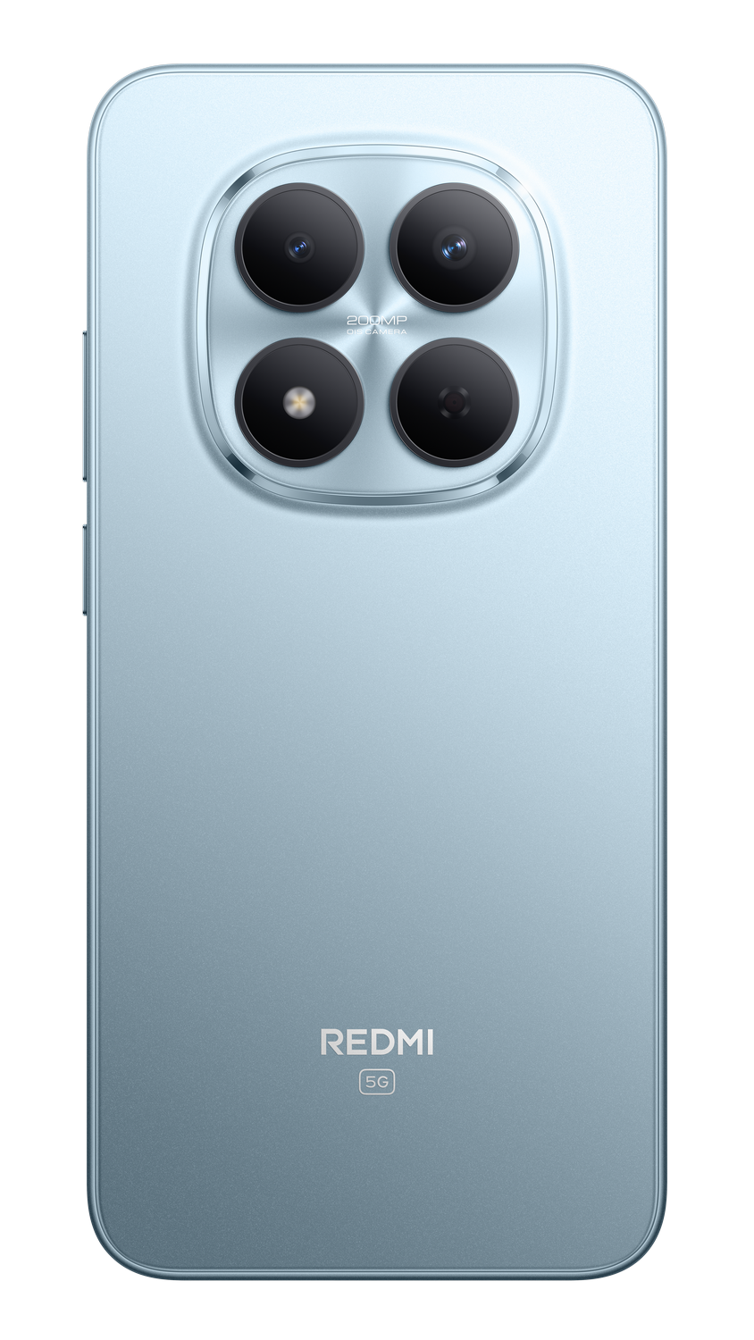 Parte trasera de un teléfono Redmi azul claro. Cuatro lentes de cámara negras en círculo. Logotipo Redmi y 5G abajo.