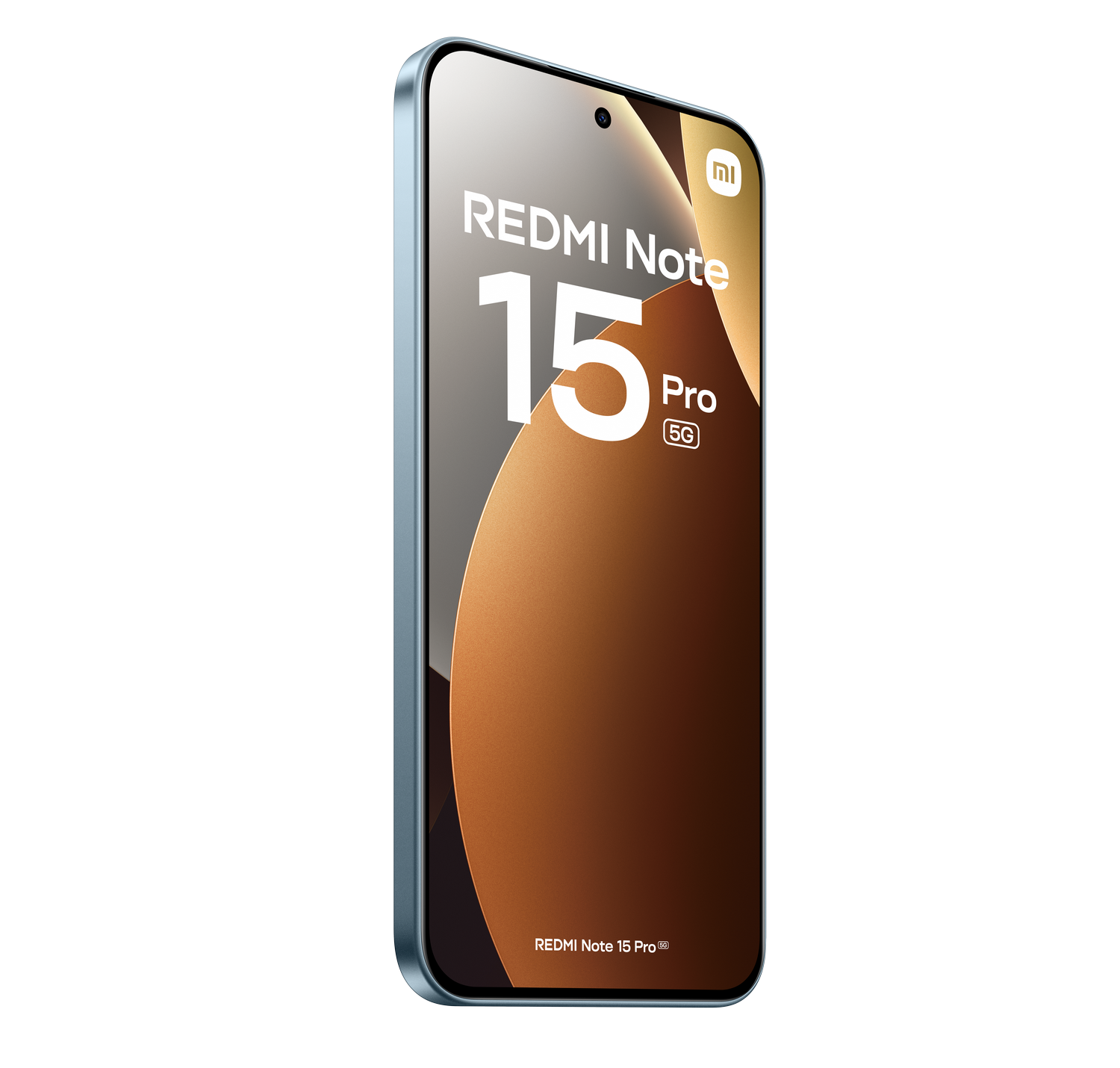 Un smartphone Redmi Note 15 Pro 5G. El teléfono es azul con una pantalla que muestra texto y un fondo marrón. Logotipo de Xiaomi arriba.