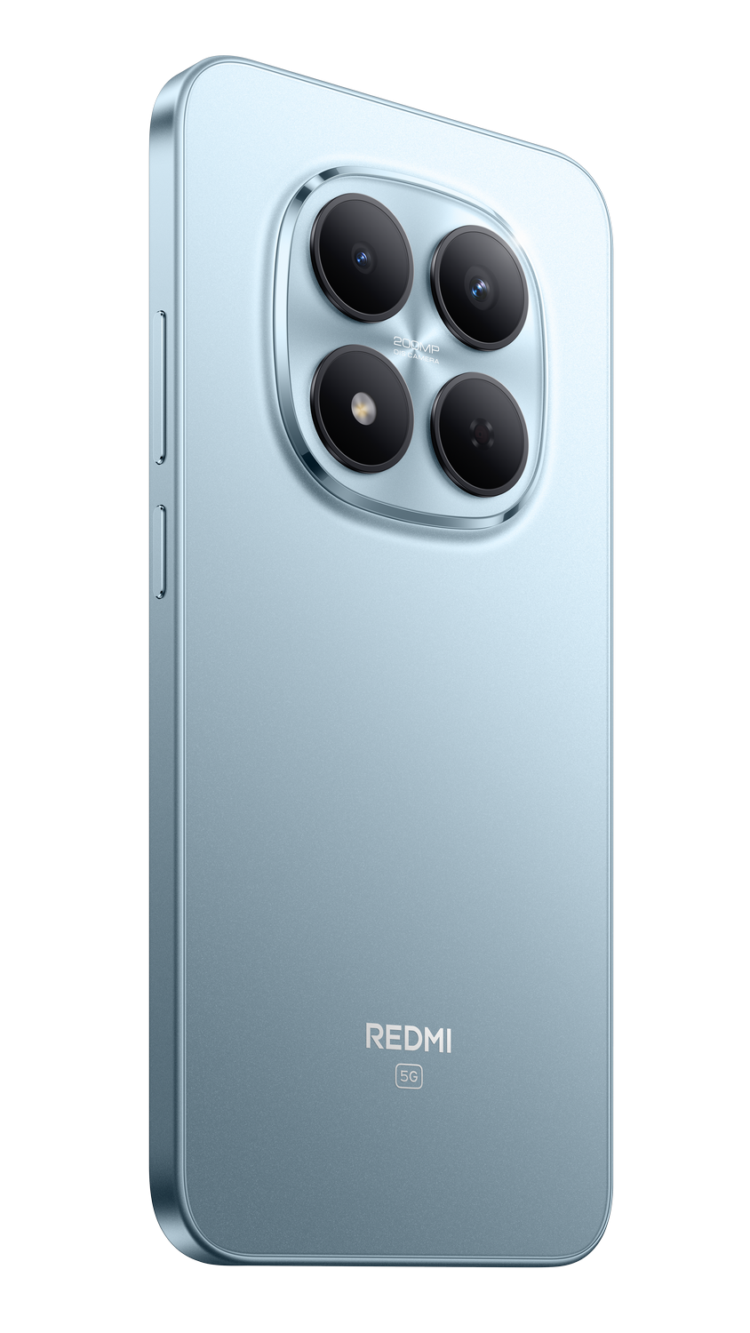 Vista trasera de un teléfono Redmi 5G azul claro. Tiene cuatro cámaras, un marco metálico y el logotipo de Redmi.