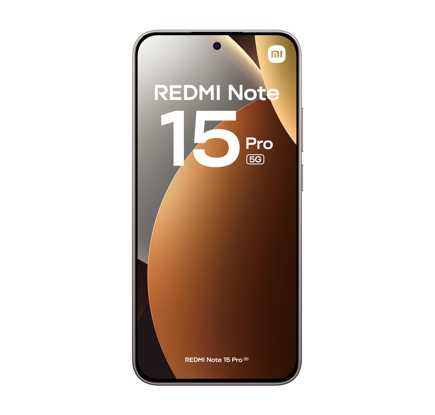 Una representación de un smartphone. Es un Redmi Note 15 Pro 5G. El teléfono tiene una pantalla con una muesca para la cámara y un diseño marrón dorado.