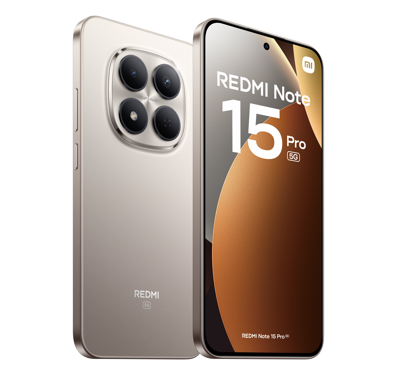 Maqueta de teléfono Redmi Note 15 Pro 5G. Tiene una parte trasera dorada con cuatro lentes de cámara. La pantalla muestra el nombre del modelo.