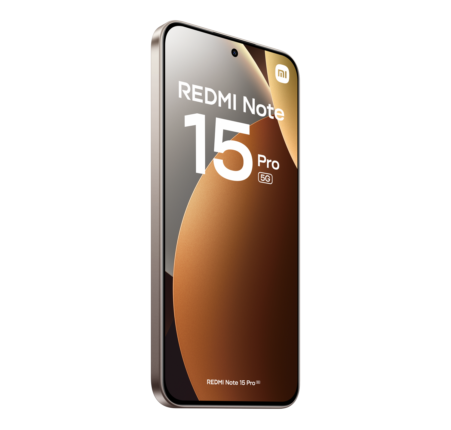 Se muestra un smartphone Redmi Note 15 Pro 5G, mostrando la pantalla y el logo de la marca. El fondo es de color gris sólido.