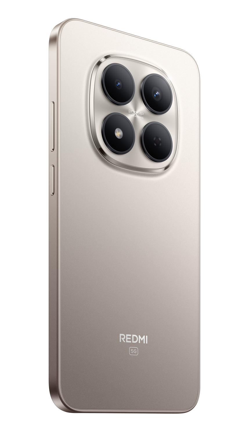 Se muestra un teléfono inteligente beige con cuatro cámaras. El logotipo de Redmi y 5G son visibles. El fondo es gris.