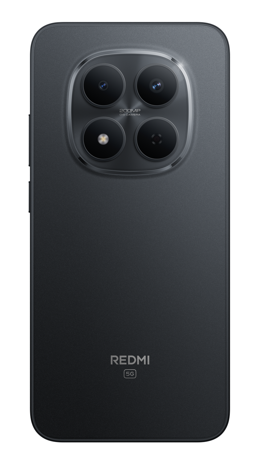 Parte trasera de smartphone negro con cuatro cámaras. Logotipo de Redmi abajo. Símbolo 5G presente.