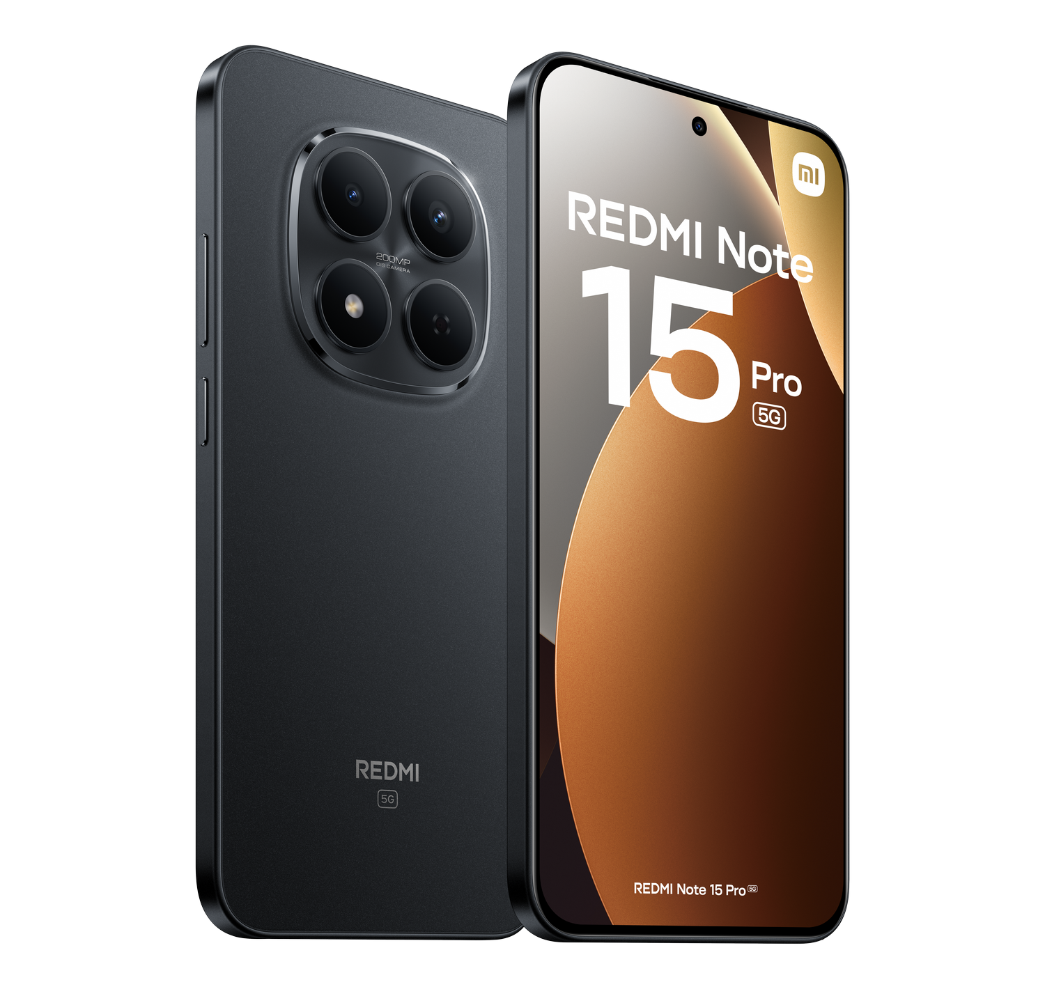 Un smartphone Redmi Note 15 Pro 5G negro. Cuenta con cuatro cámaras traseras, una pantalla con cámara frontal y el logo Redmi.