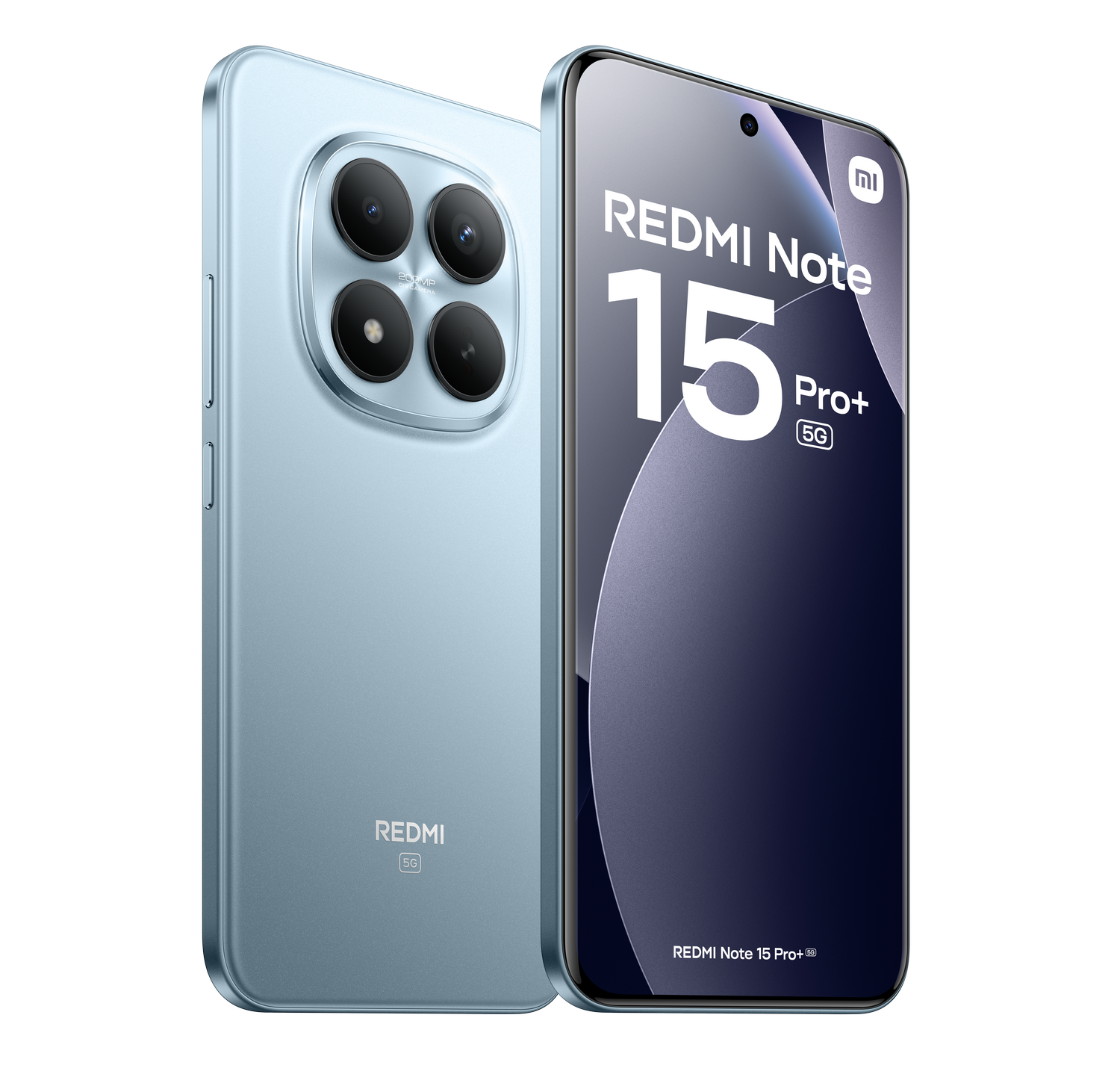 Un smartphone Redmi Note 15 Pro+ 5G azul claro. Tiene un diseño de cámara redondeado con cuatro lentes. La pantalla muestra el nombre del teléfono.