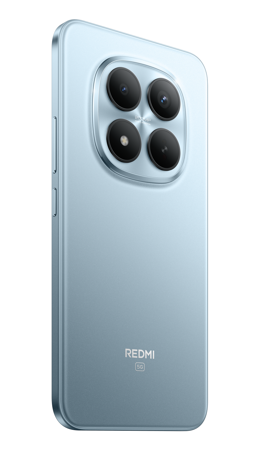 Un teléfono Redmi 5G azul, vista trasera. Tiene cuatro cámaras y el logo Redmi.