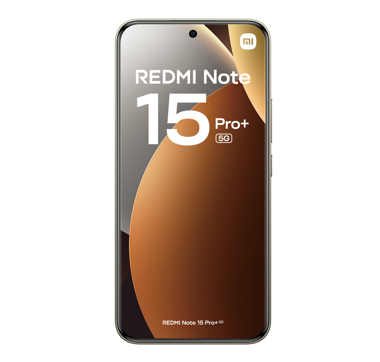 Pantalla de smartphone con el texto 'Redmi Note 15 Pro+ 5G'. El teléfono tiene un marco dorado y fondo marrón.