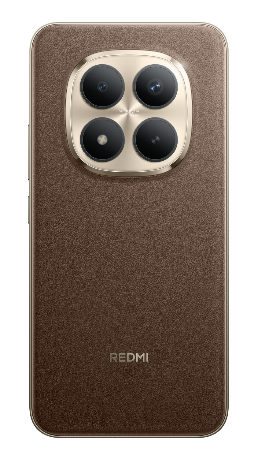 Parte trasera de teléfono marrón con textura de cuero y módulo de cámara dorado. Cuatro lentes visibles. Logo Redmi y 5G abajo.