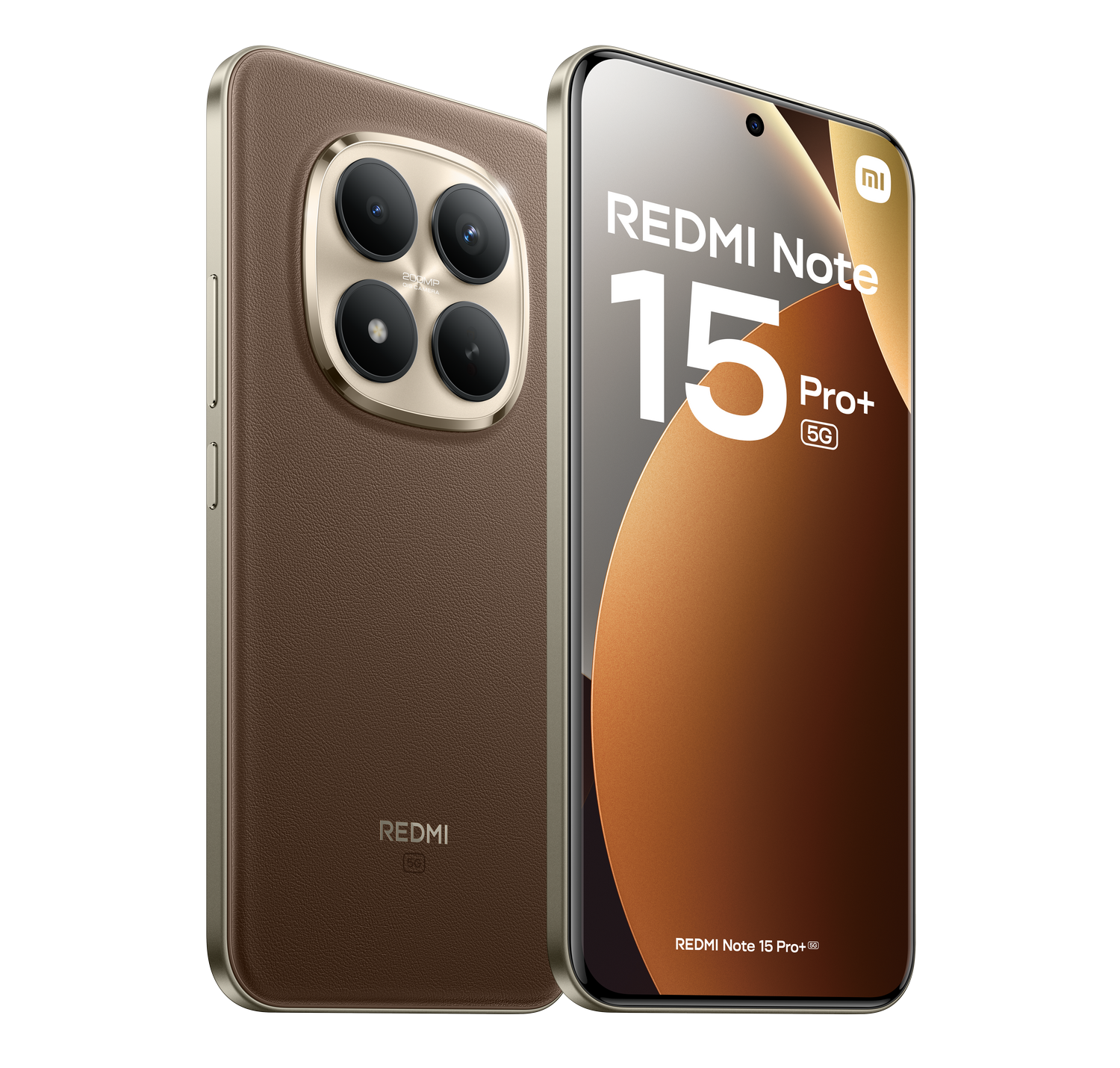 Un teléfono marrón Redmi Note 15 Pro+ 5G, mostrando la parte trasera con cámaras y la frontal con la pantalla sobre un fondo gris.