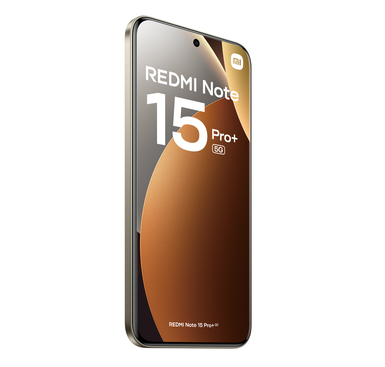 Maqueta de un teléfono Redmi Note 15 Pro+ 5G. Tiene un marco dorado, una pantalla grande y el logotipo de Xiaomi. El fondo es gris.