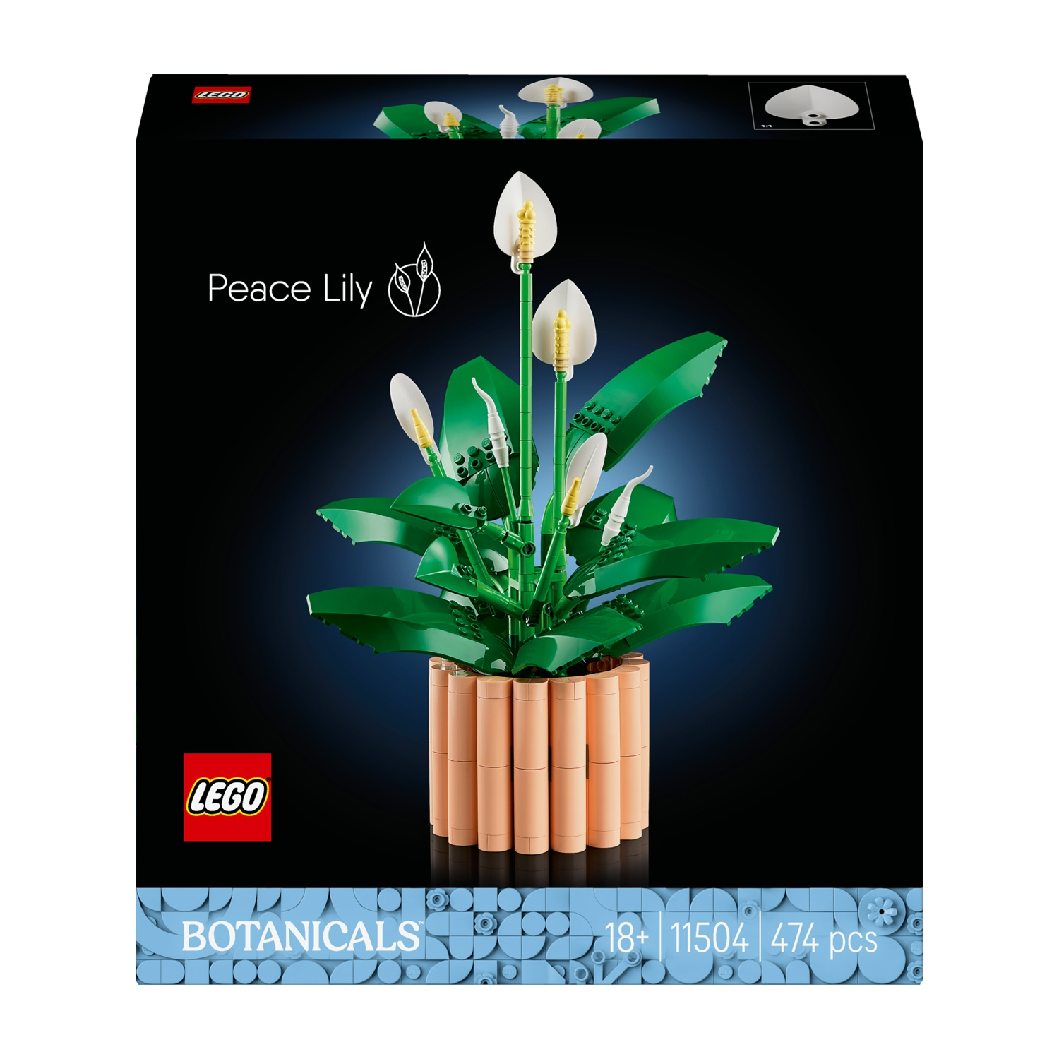 Una scatola Lego di una pianta di calle. Mostra una pianta in vaso con foglie verdi e fiori bianchi. Lo sfondo è blu scuro.