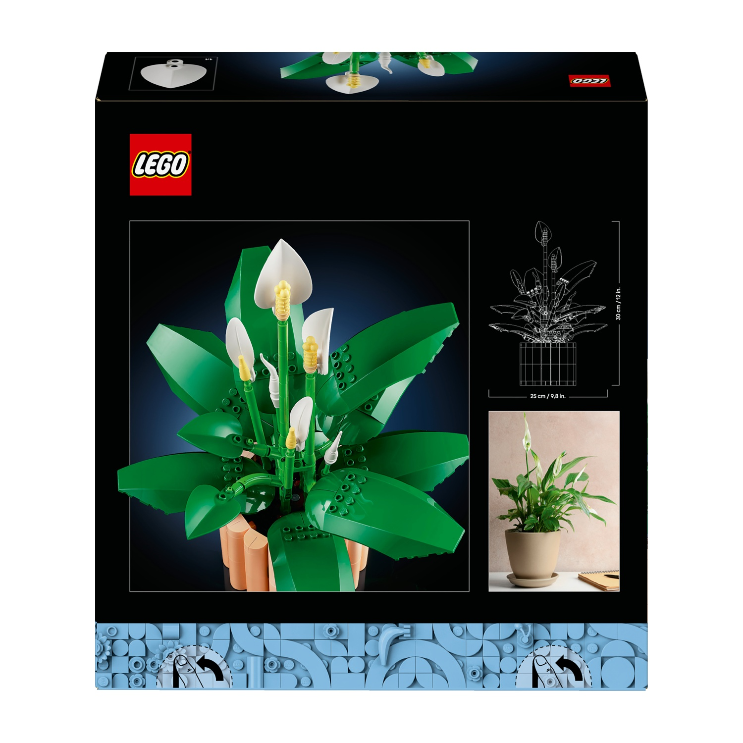 Scatola del set LEGO con un modello di pianta LEGO. La pianta ha foglie verdi, fiori bianchi ed è in un vaso beige. Il logo LEGO è visibile.