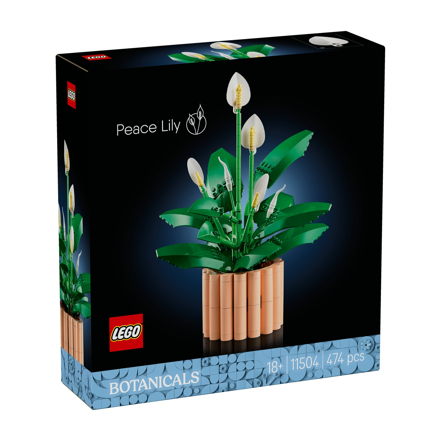 Una scatola del set Lego Peace Lily. Mostra una pianta Lego con fiori bianchi, foglie verdi e un vaso marrone, su sfondo nero.
