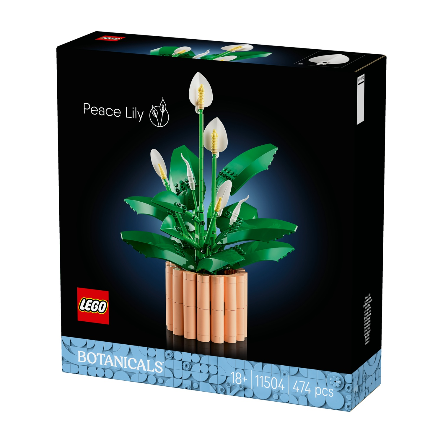 Scatola di un set di gigli della pace Lego. Il set presenta una pianta verde con fiori bianchi in un vaso beige. Lo sfondo è blu scuro.