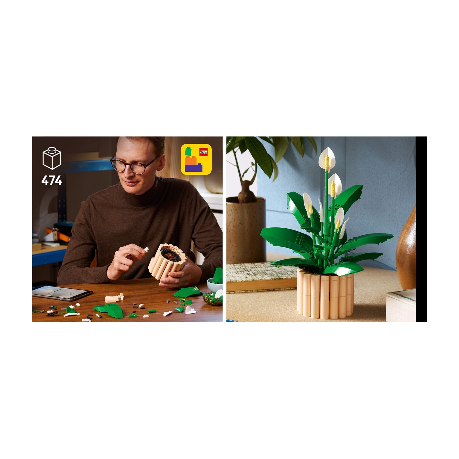 Un uomo costruisce una pianta LEGO. Il vaso è fatto di mattoni di legno, la pianta ha foglie verdi e fiori bianchi. Ci sono altre piante sullo sfondo.