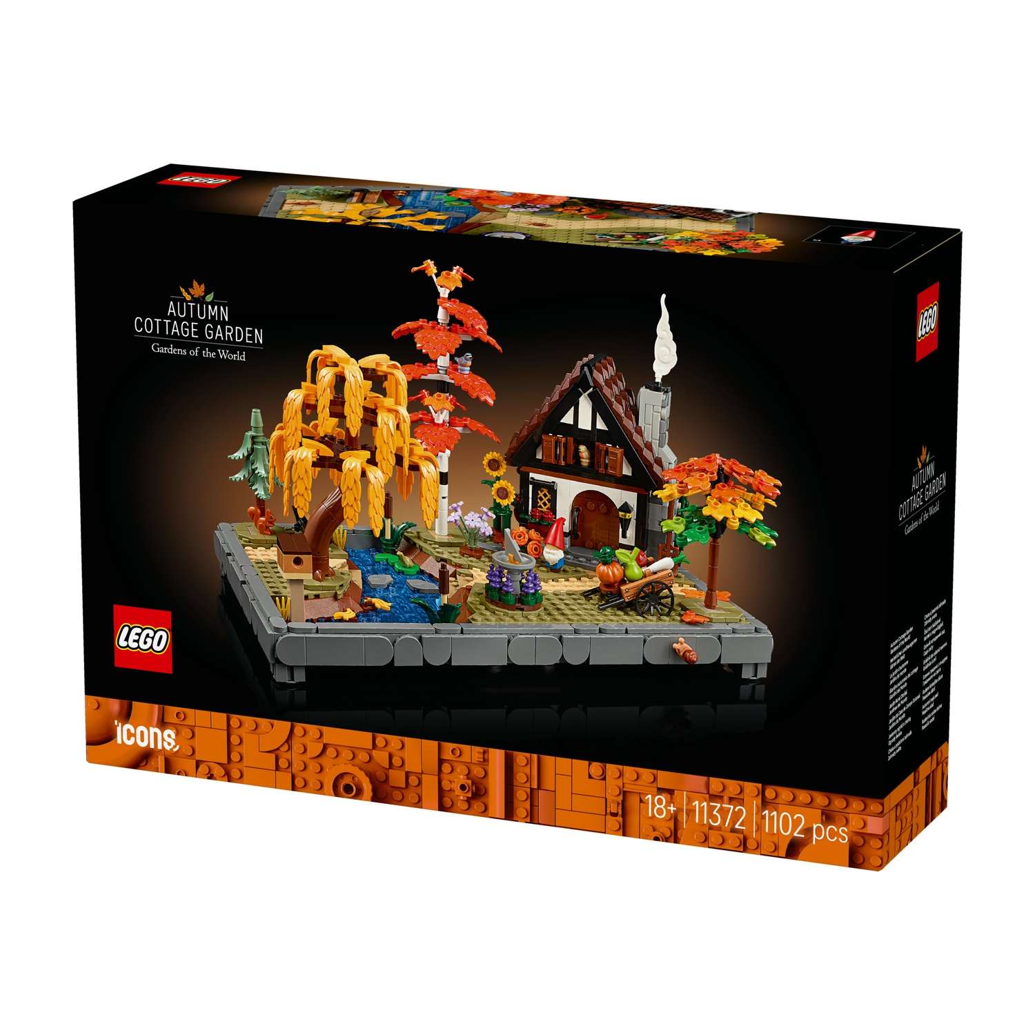 Set Lego, giardino del cottage autunnale. Presenta un cottage, alberi con foglie arancioni, un ruscello e un carro di zucche.