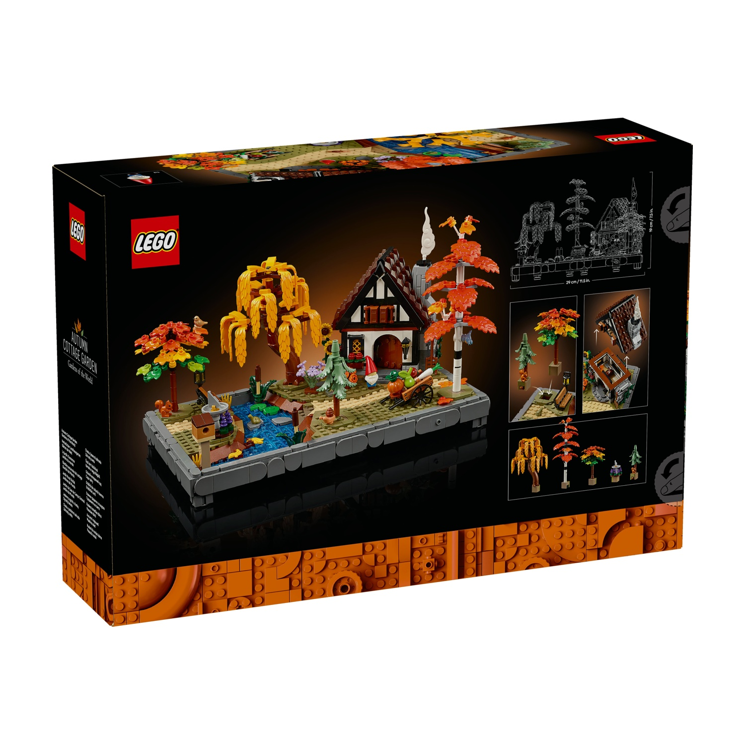 Scatola Lego con una scena di giardino. Presenta alberi autunnali, una casetta, uno stagno e un carrello. La scatola è nera e arancione.