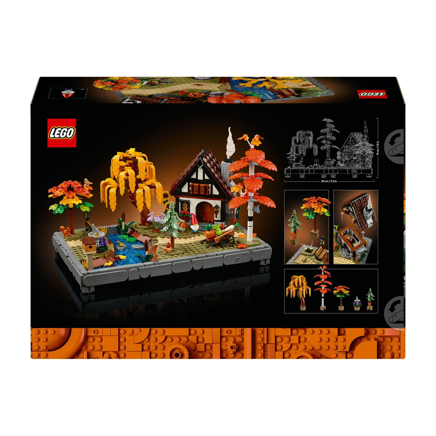 Set scatola Lego con un villaggio modello, alberi e uno stagno. La scatola è nera con il logo Lego e i dettagli del prodotto.