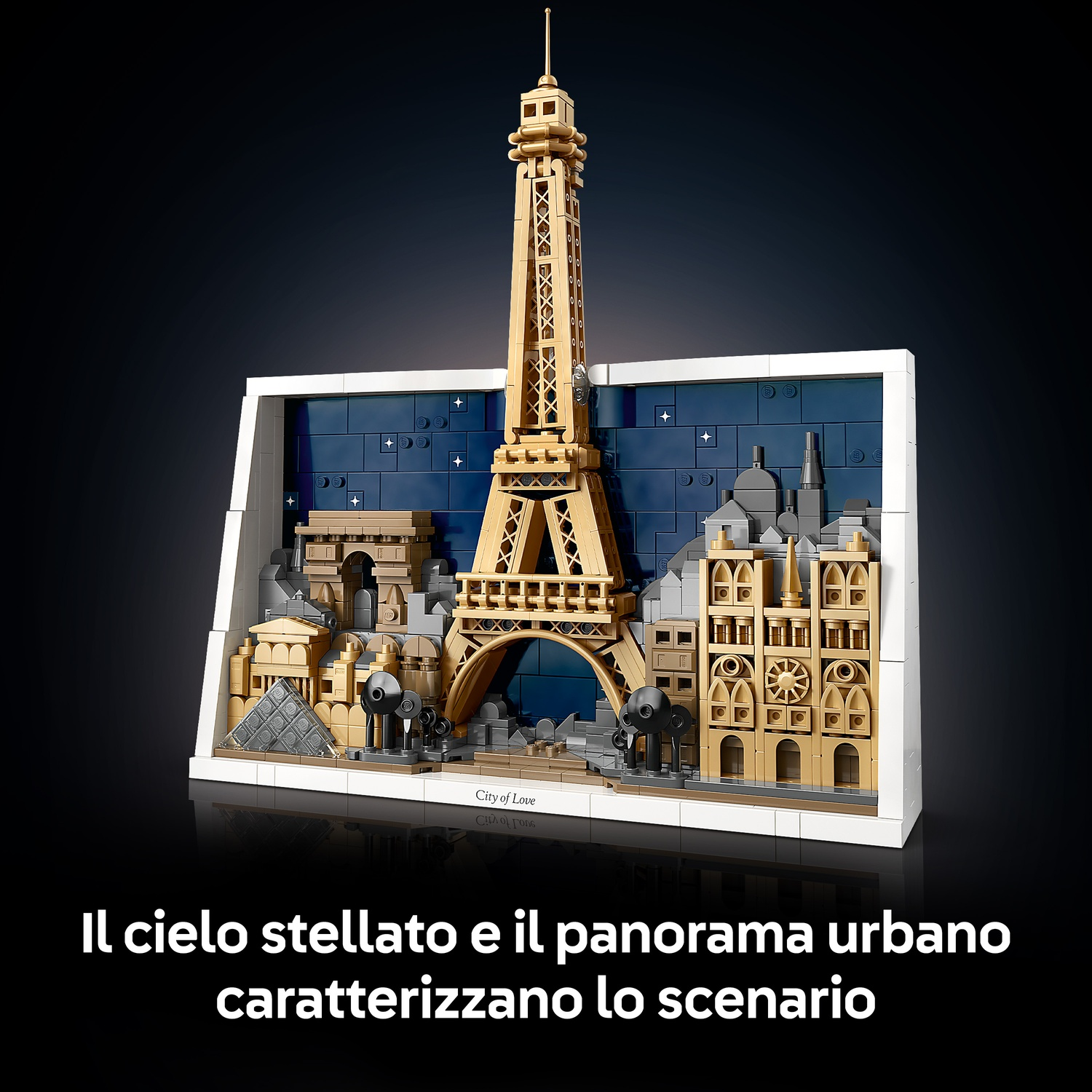 Un paesaggio urbano Lego di Parigi include la Torre Eiffel, l'Arco di Trionfo e Notre Dame. Un cielo stellato sullo sfondo.