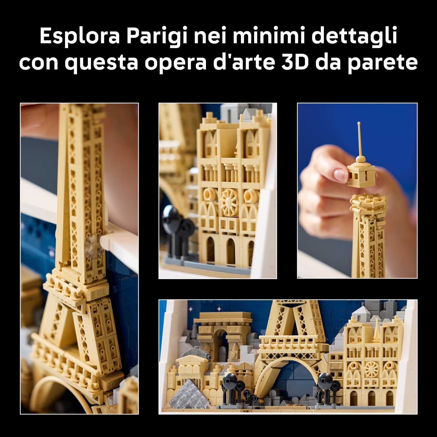 Un modello LEGO dei monumenti di Parigi, tra cui la Torre Eiffel, l'Arco di Trionfo e Notre Dame. Schema di colori beige e blu.