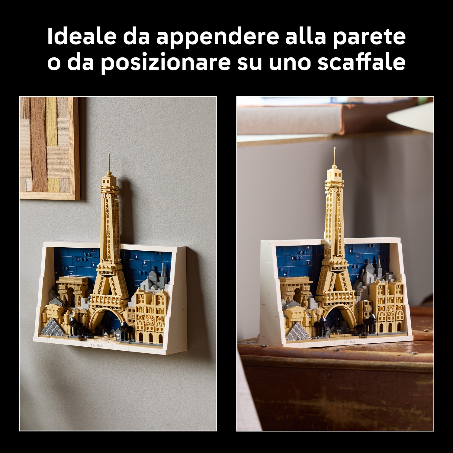 L'immagine mostra un modello della Torre Eiffel e altri monumenti parigini in una cornice bianca, su un muro grigio e una superficie in legno.