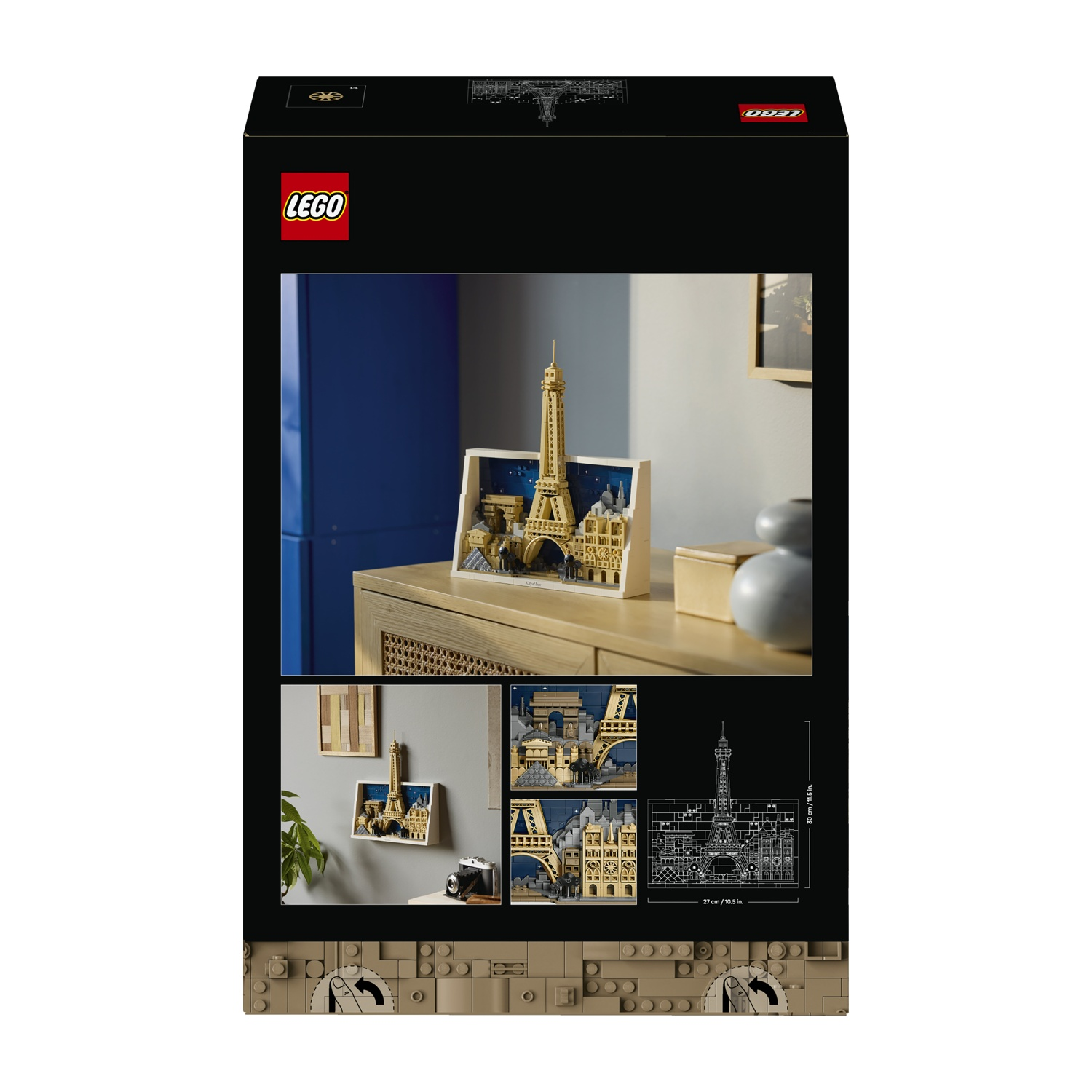 Un modello Lego della Torre Eiffel è esposto su un tavolo. La scatola mostra immagini del modello e dei suoi dettagli.
