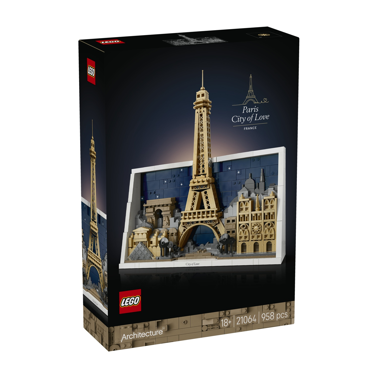 Una scatola Lego mostra una scena di Parigi: Torre Eiffel, Arco di Trionfo ed edifici. La scatola è nera con i loghi Lego e Architecture.
