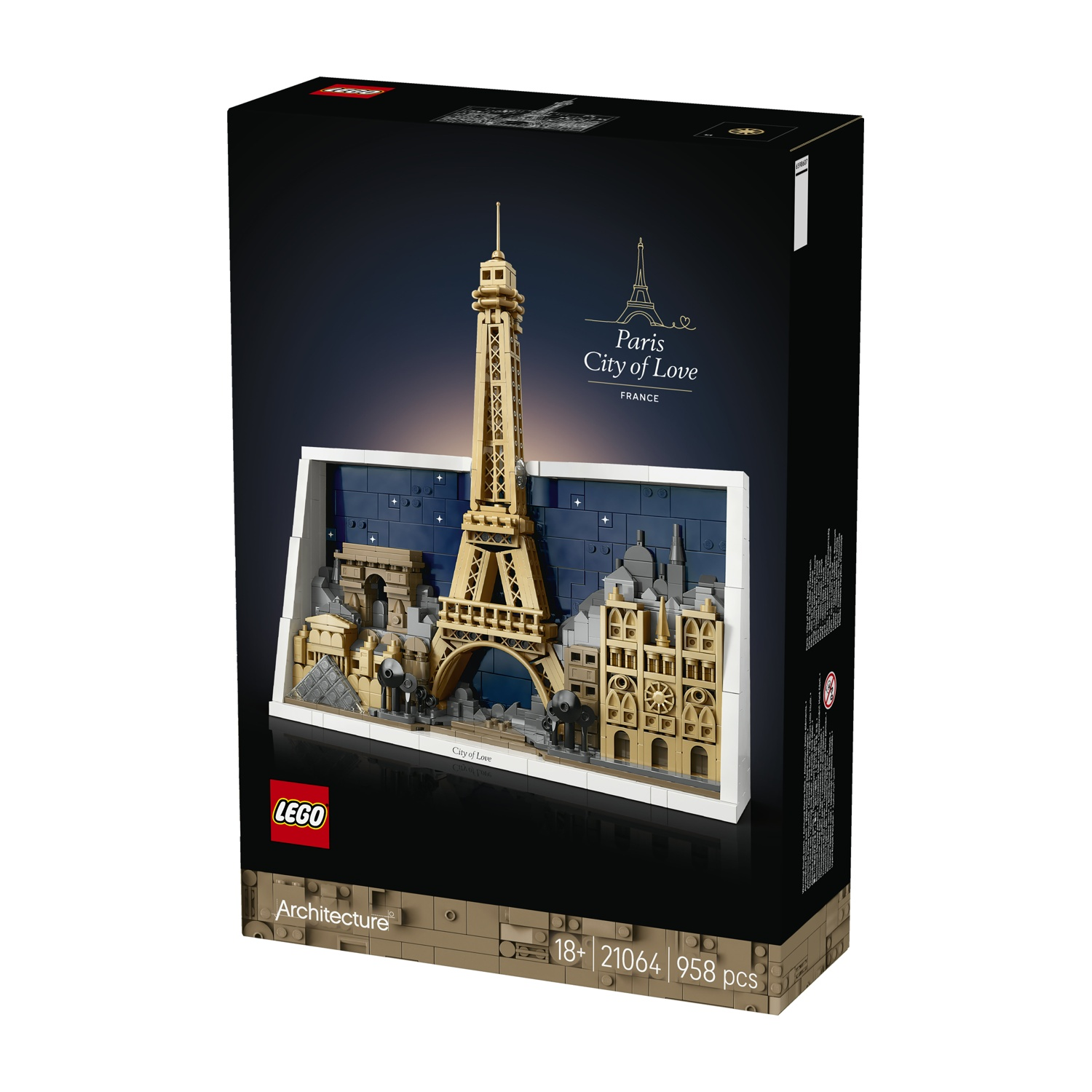 Una scatola Lego che mostra lo skyline di Parigi, inclusa la Torre Eiffel e altri monumenti, con uno sfondo blu scuro.