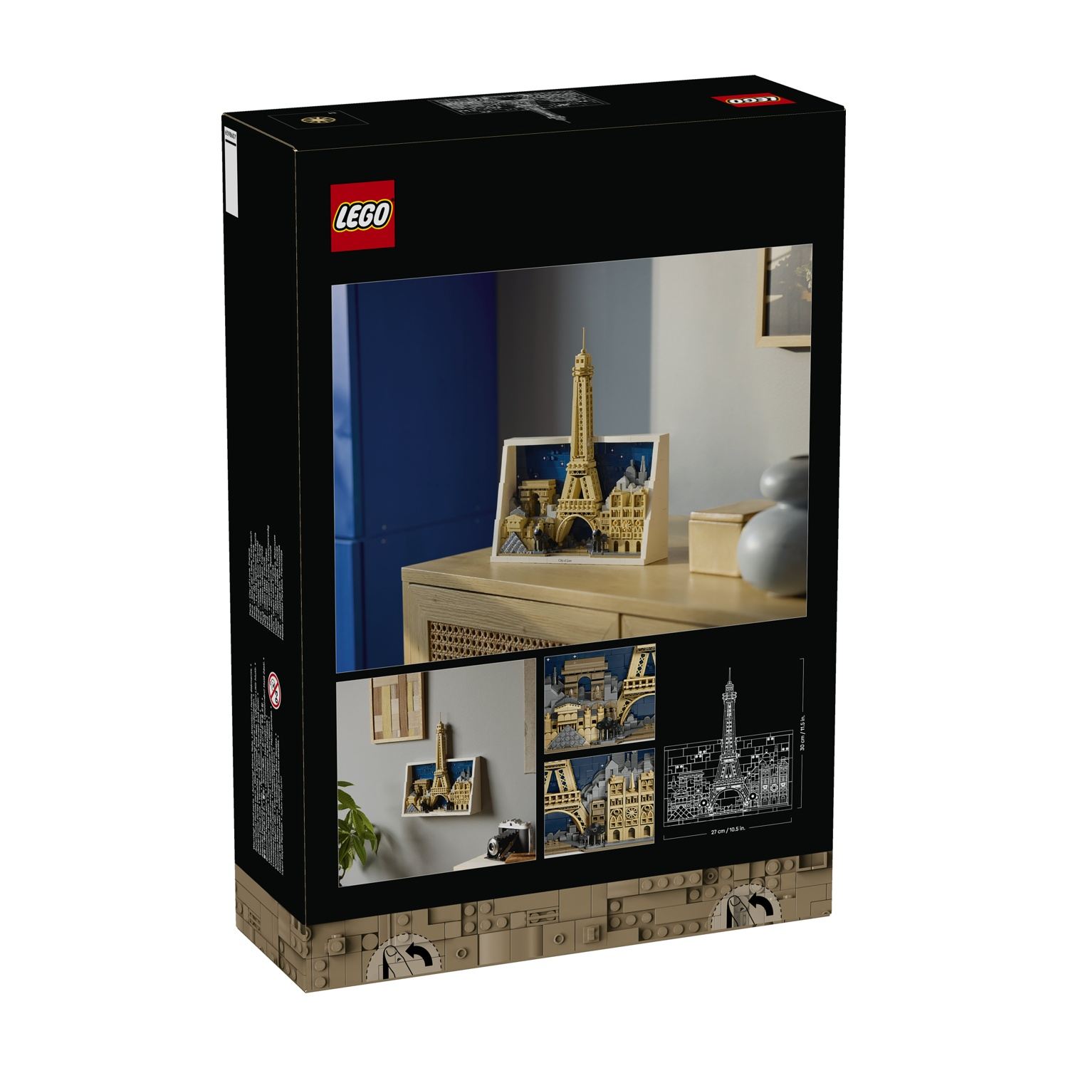 Una scatola Lego mostra un set della Torre Eiffel in miniatura. La scatola presenta immagini del set, una sua visualizzazione e progetti.