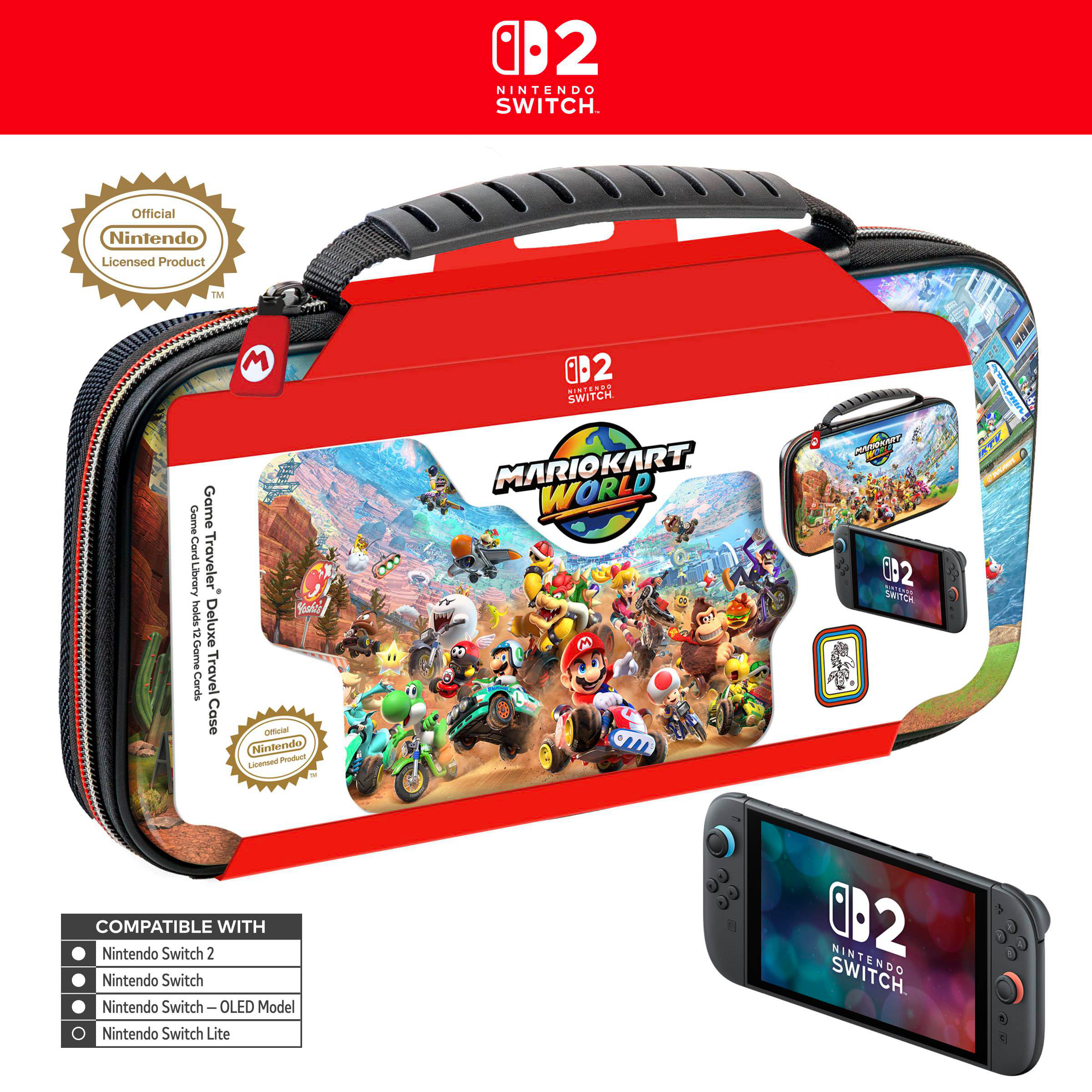 Nintendo Switch-Reisetasche mit Mario Kart-Charakteren. Mit Nintendo Switch-Logo. Enthält ein Konsolenbild.