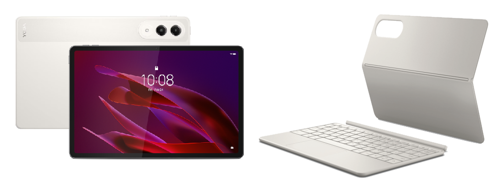 Kremowy tablet Lenovo Yoga z klawiaturą i etui. Ekran tabletu pokazuje godzinę i datę z fioletowym tłem.