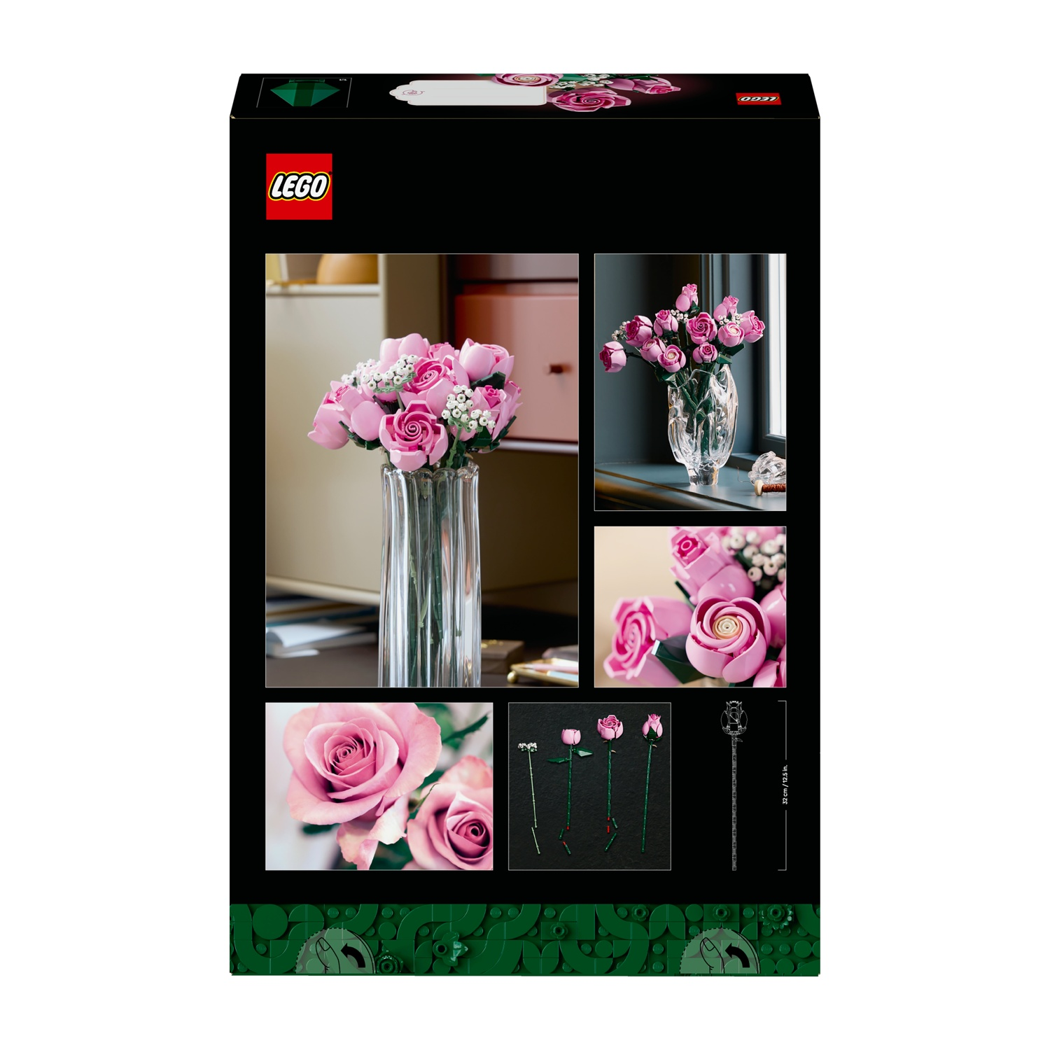 Una scatola LEGO mostra immagini di bouquet di rose rosa in vasi. Primi piani mostrano singole rose e steli. Il logo LEGO è visibile.