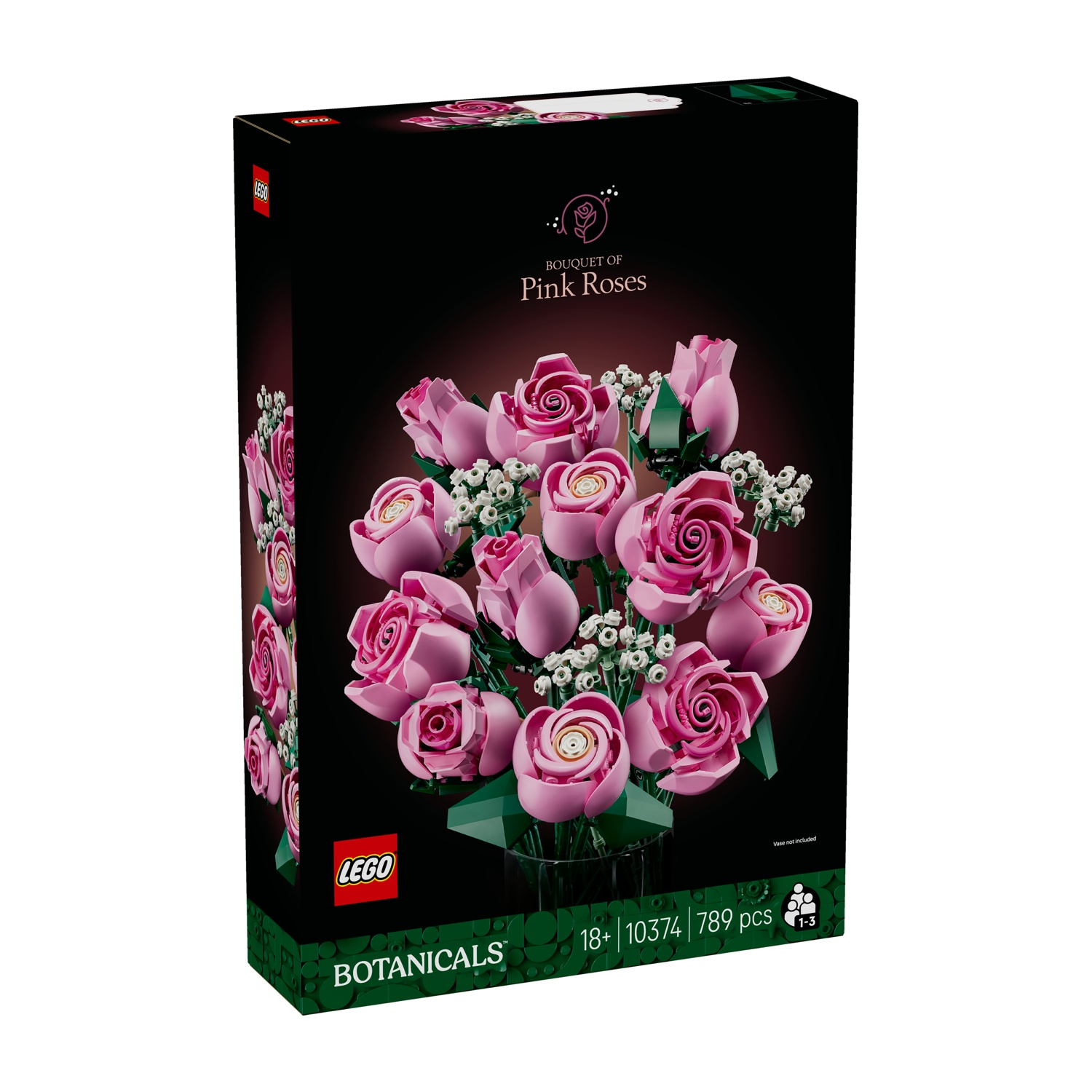 Una scatola Lego con un mazzo di rose rosa. La scatola è nera con il logo Lego e le parole 'Bouquet of Pink Roses'.
