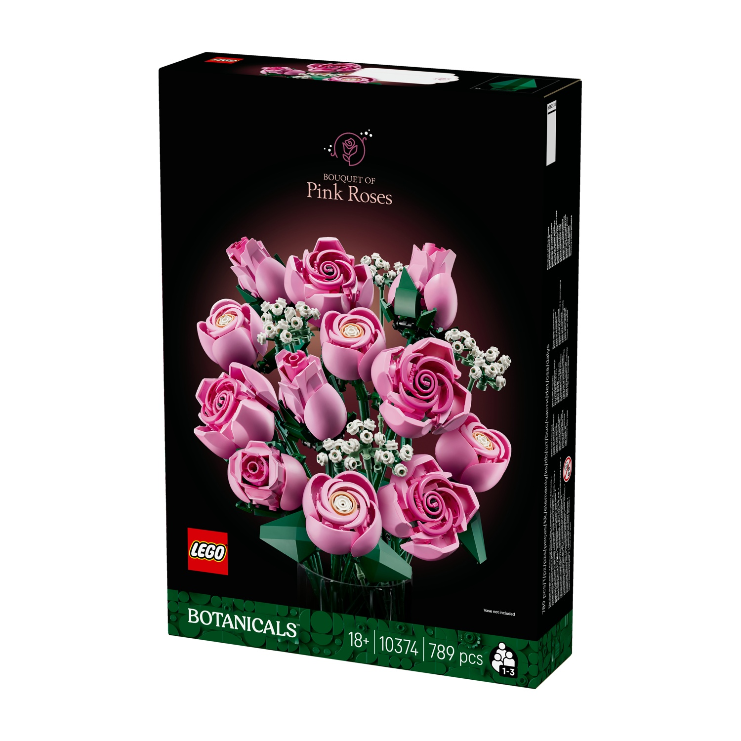 Una scatola LEGO con un bouquet di rose rosa. La scatola è nera con un'immagine delle rose e il logo LEGO è visibile.