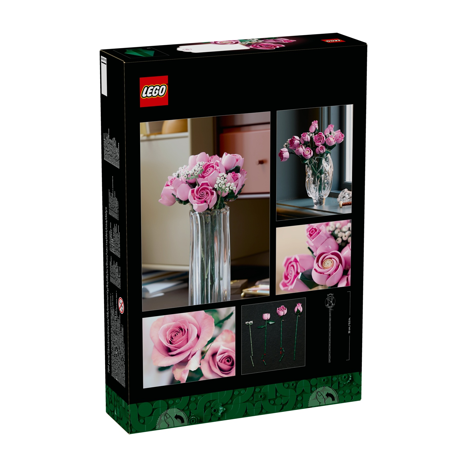 La scatola mostra un set LEGO con bouquet di rose rosa in vasi. Ci sono immagini dettagliate delle rose e degli steli.