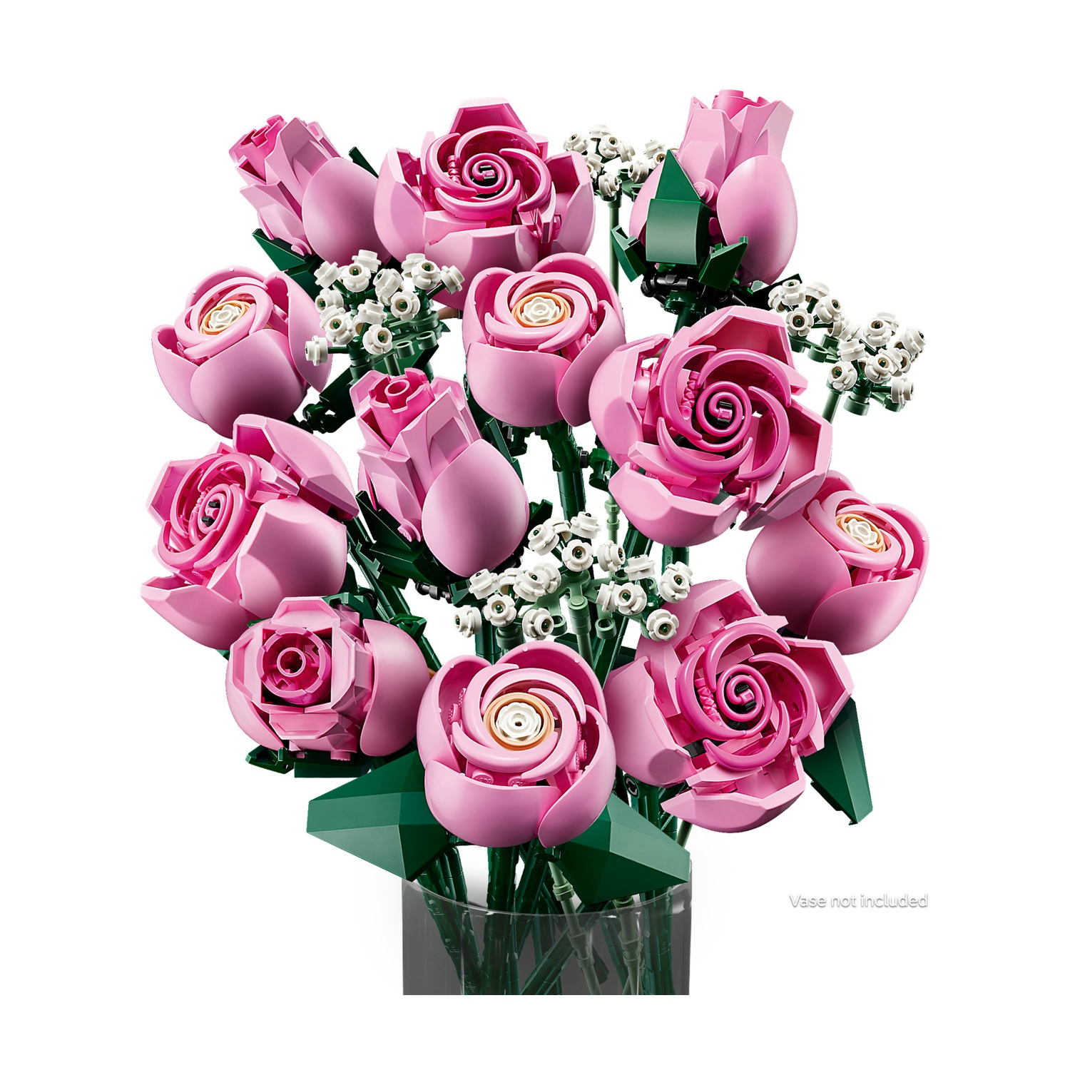 Un bouquet di rose Lego rosa con steli verdi e dettagli bianchi, in un vaso trasparente. Lo sfondo è bianco, senza vaso incluso.