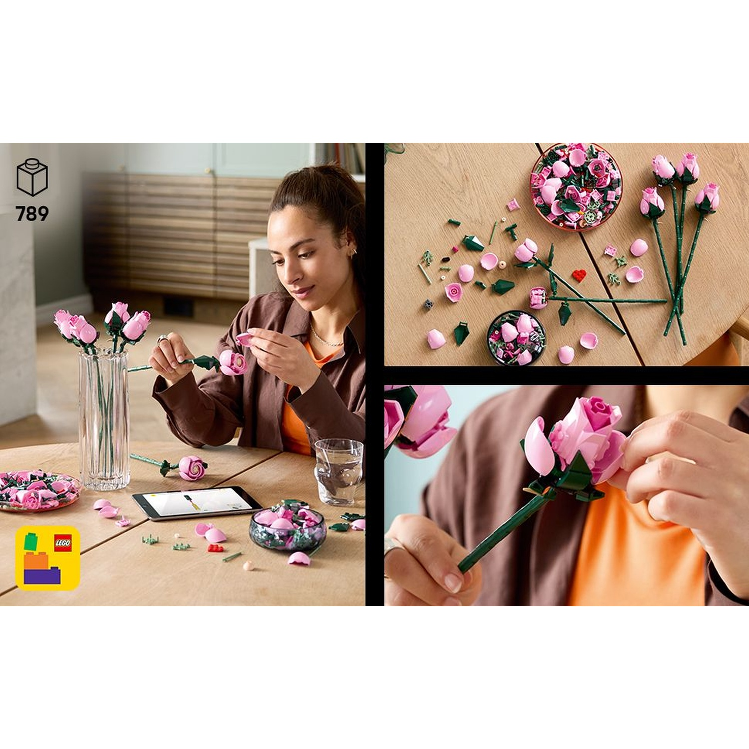 Una donna assembla rose Lego su un tavolo di legno. Sono presenti rose rosa, parti e un vaso. Immagini aggiuntive mostrano dettagli.