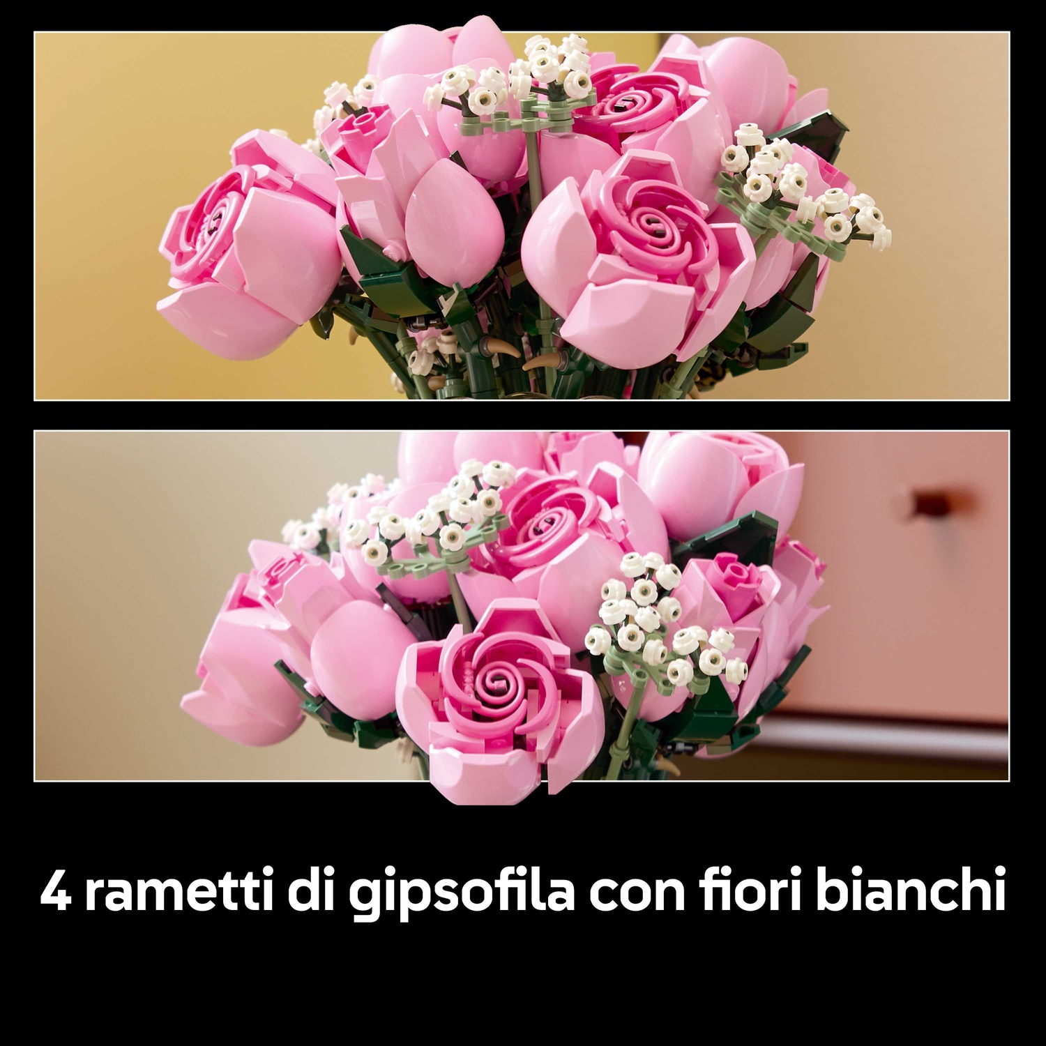 Un bouquet di rose rosa e fiori bianchi di gipsofila, realizzato in plastica, su sfondo rosa chiaro.