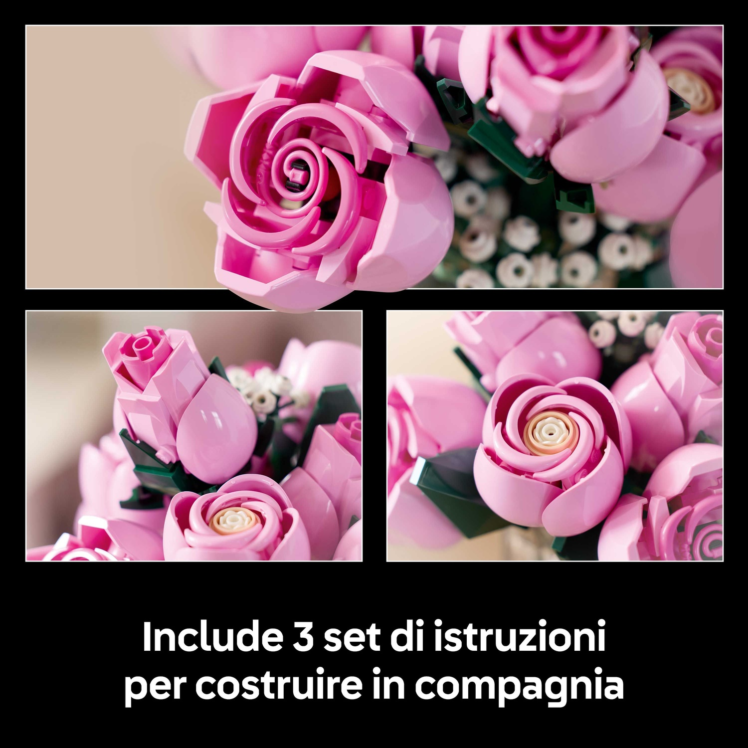 Primo piano di rose Lego rosa. Tre angolazioni diverse mostrano i fiori assemblati. Lo sfondo è beige chiaro.